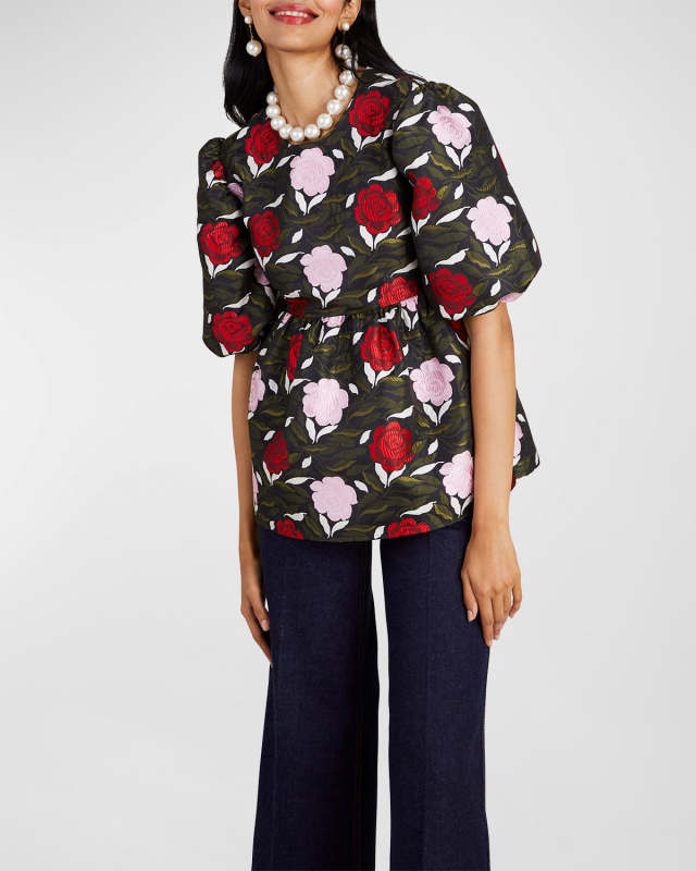 rose garden puff-sleeve brocade top